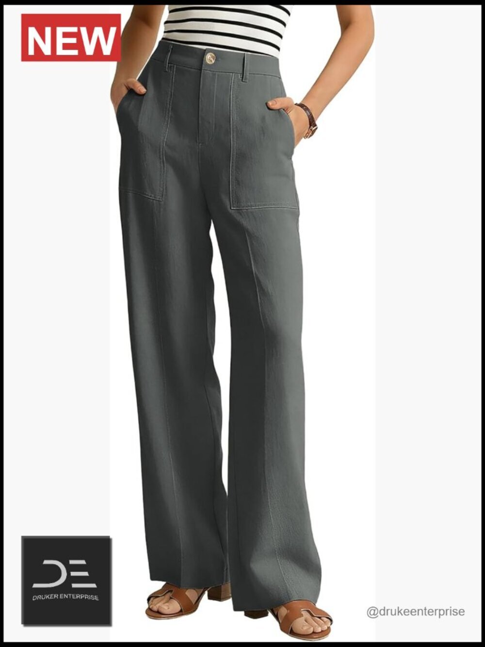 Linen Wide Leg Trousers with Pockets High Waist Work Pants